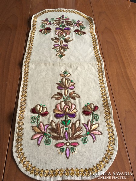 Colorful embroidered beige linen tablecloth