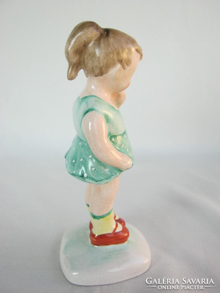 Retro ... iparművészeti kerámia figura nipp zöld ruhás copfos kislány