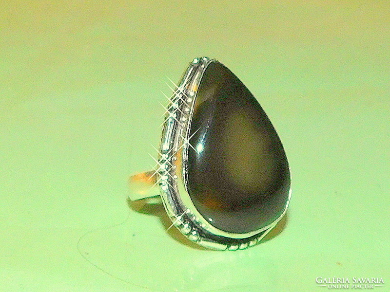 Caramel agate mineral stone drop Tibetan silver ring 7.5