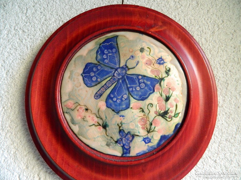 Exquisite fire enamel mural in a thick wooden frame: butterfly