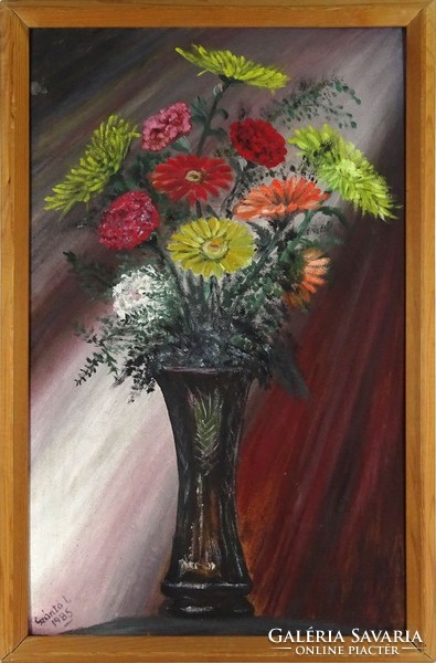 1G930 Szántó I. jelzéssel : Virágcsokor kristály vázában 1985