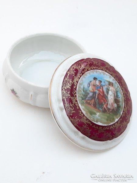Bordó lüszteres kerek fedeles allegórikus jelenetes német porcelán bonbonier