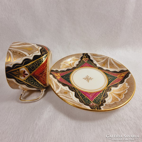 Viennese Alhambra porcelain mocha cup and saucer with intricate geometric Art Nouveau pattern