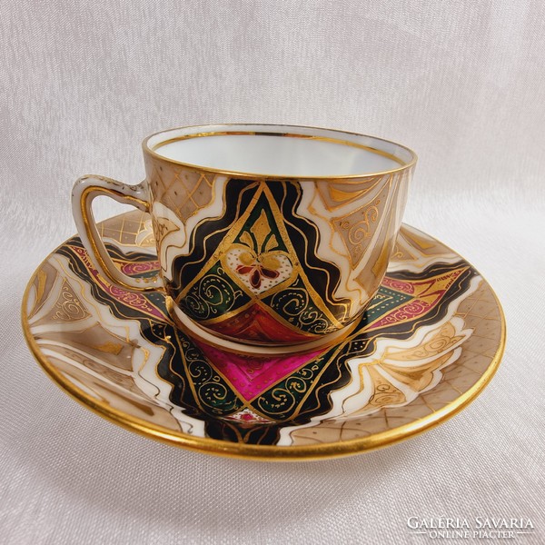 Viennese Alhambra porcelain mocha cup and saucer with intricate geometric Art Nouveau pattern