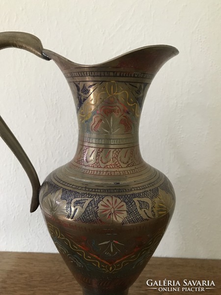 Indian painted copper spout and two vases