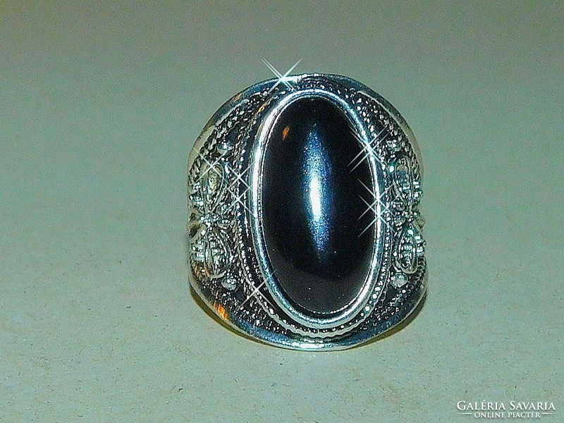 Night black stone ornate ethnic Tibetan silver ring 8