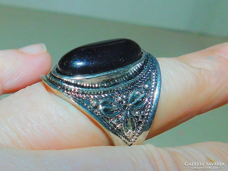 Night black stone ornate ethnic Tibetan silver ring 8
