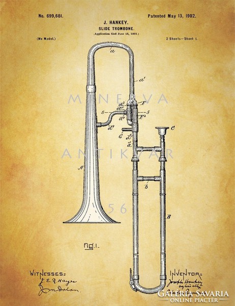 Old trombone hankey 1902 patent drawings of classical orchestral instruments, brass instruments, classical music