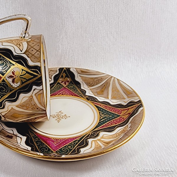 Viennese Alhambra porcelain mocha cup and saucer with intricate geometric Art Nouveau pattern