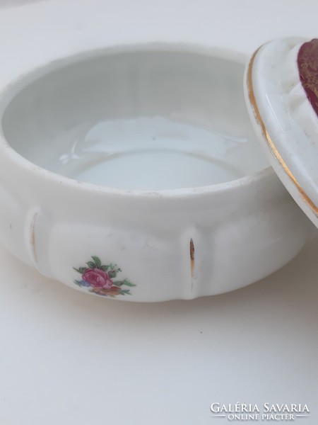 Burgundy luster round lid allegorical scene with German porcelain bonbonier