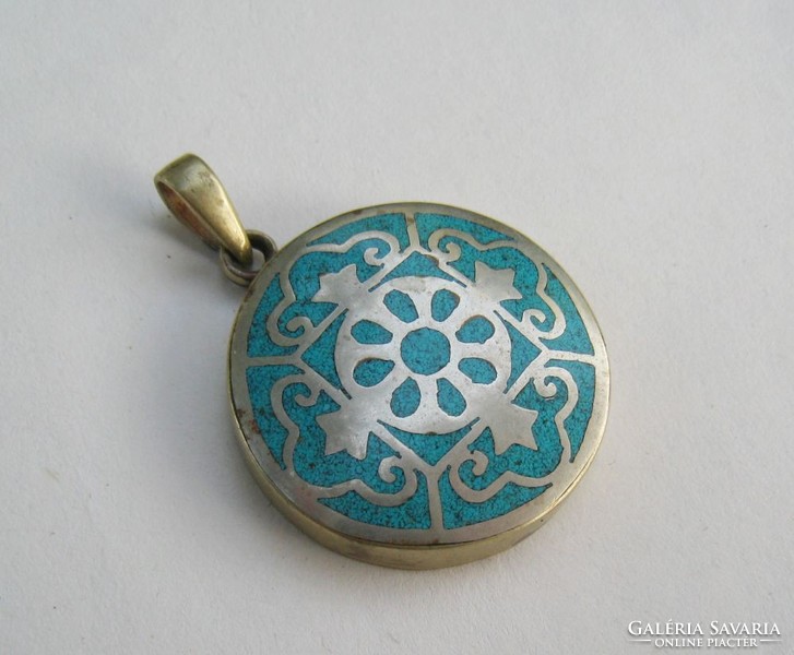 Old large alpaca pendant with turquoise inserts