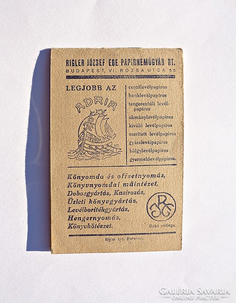 Rigler József Ede papírneműgyár Rt. 1939 naptár és jegyzetfüzet