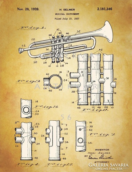 Prints of old selmer trumpet 1939 patent drawings of classical orchestral instruments, brass instruments