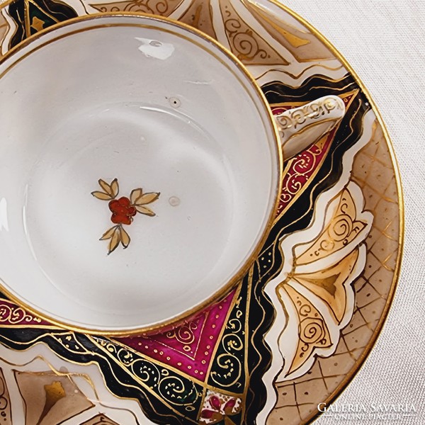 Viennese Alhambra porcelain mocha cup and saucer with intricate geometric Art Nouveau pattern