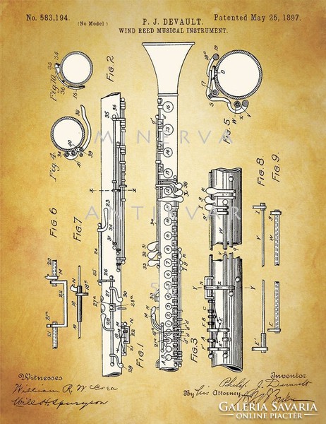 Régi klarinét Devault 1897 klasszikus zenekari hangszerek szabadalmi rajzainak nyomatai, fúvósok