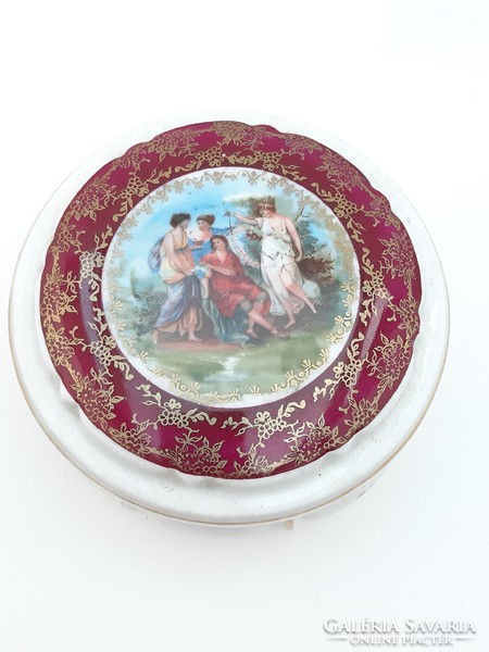 Burgundy luster round lid allegorical scene with German porcelain bonbonier