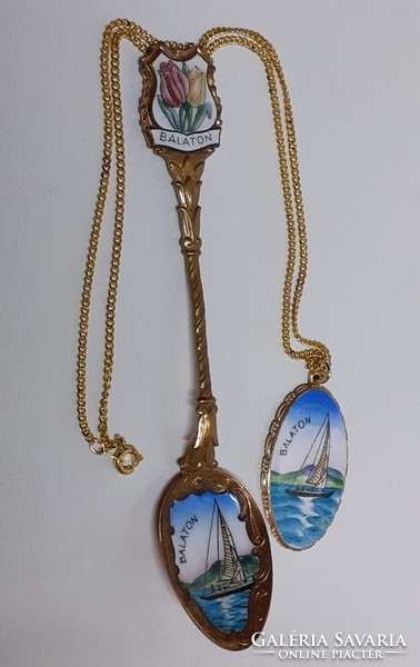 Retro gilded fire enamel balaton small spoon with gilded chain balaton fire enamel pendant