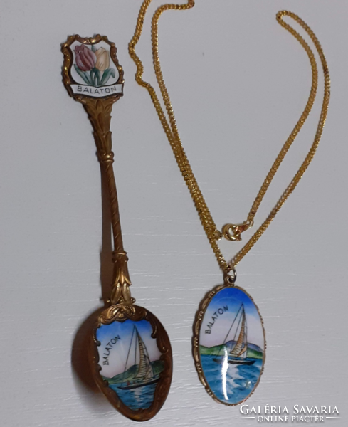 Retro gilded fire enamel balaton small spoon with gilded chain balaton fire enamel pendant