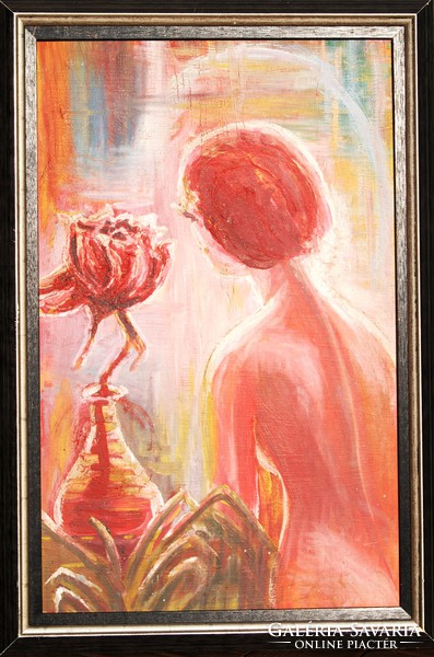 Hungarian painter: woman with flowers - vintage painting, framed