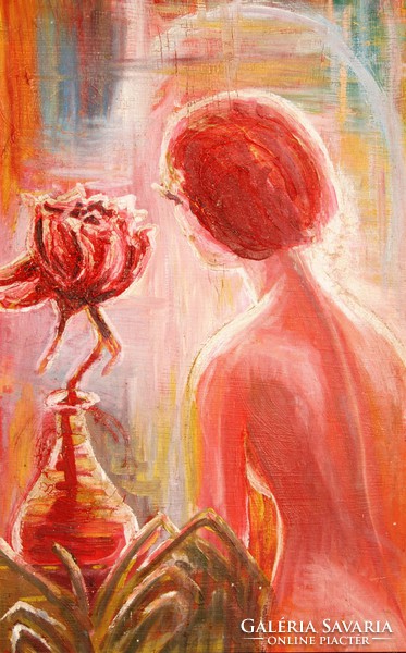 Magyar festő: Nő virággal - vintage festmény, keretezve
