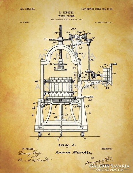 Régi antik szőlőprés szabadalmi rajz Perotti 1903 szőlő bor borászati berendezés pincészet dekoráció