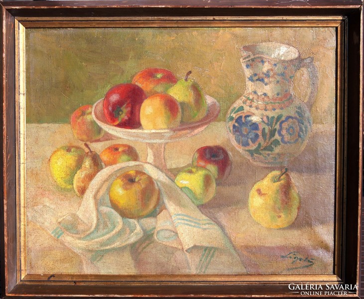Ligeti: fruit still life with a goblet - oil on canvas painting, framed