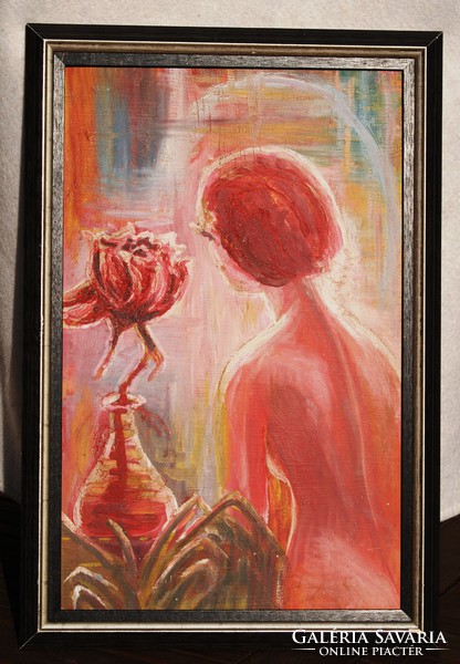 Hungarian painter: woman with flowers - vintage painting, framed