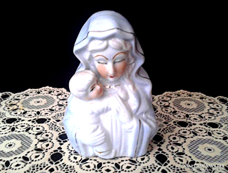 Virgin Mary with little Jesus porcelain relic, bristle