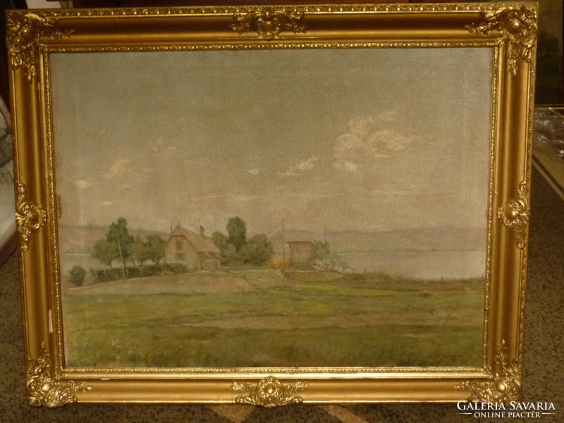 Painting of an oil canvas entitled Árpád basch: river bank house