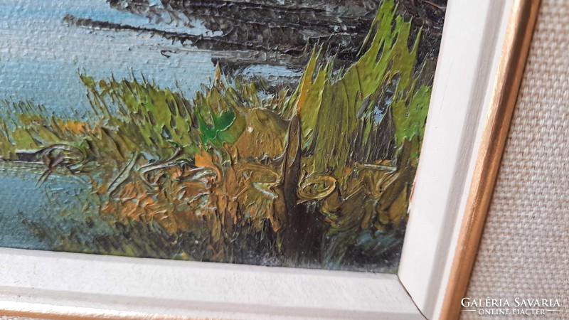 Derűs, színes tavi táj (olaj, vászon, keretben 39x33 cm) vizes tájkép, idilli természet
