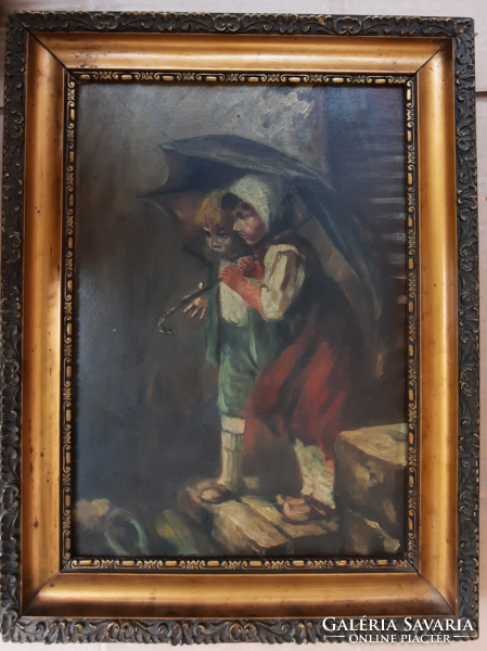 Gyermekek az esőben (olaj vászon 41,5x31,5cm) esernyő, kislány, kisfiú