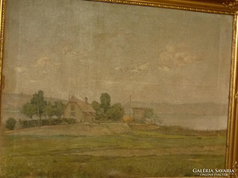 Painting of an oil canvas entitled Árpád basch: river bank house