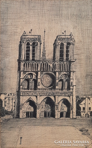Notre-dame custom pen drawing - 44x32 cm frame - unidentified (Paris Cathedral, street view)