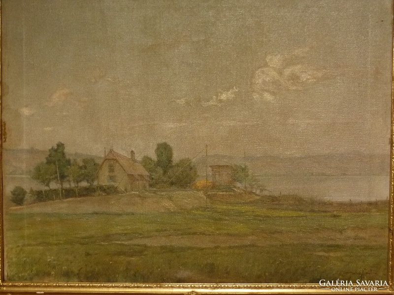 Painting of an oil canvas entitled Árpád basch: river bank house