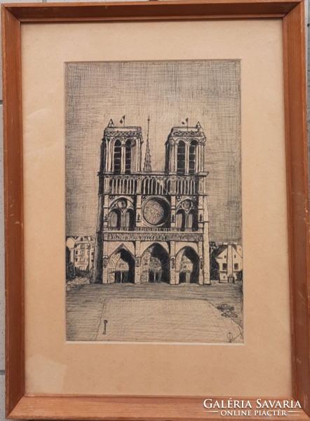 Notre-Dame egyedi tollrajz - 44x32 cm kerettel - azonosítatlan (párizsi székesegyház, utcakép)