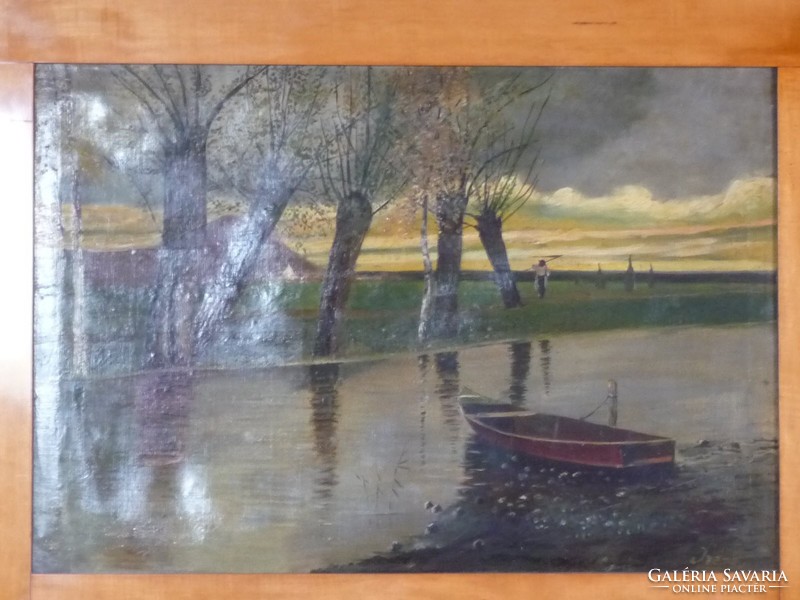 Old oil painting- waterfront landscape