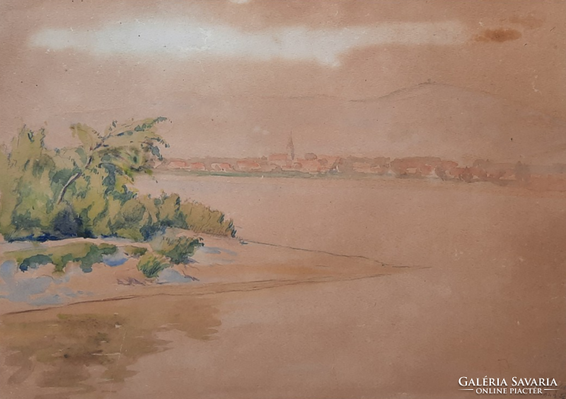 Danube Bend? Watercolor from 1949 with unidentified sign - wet landscape, panorama