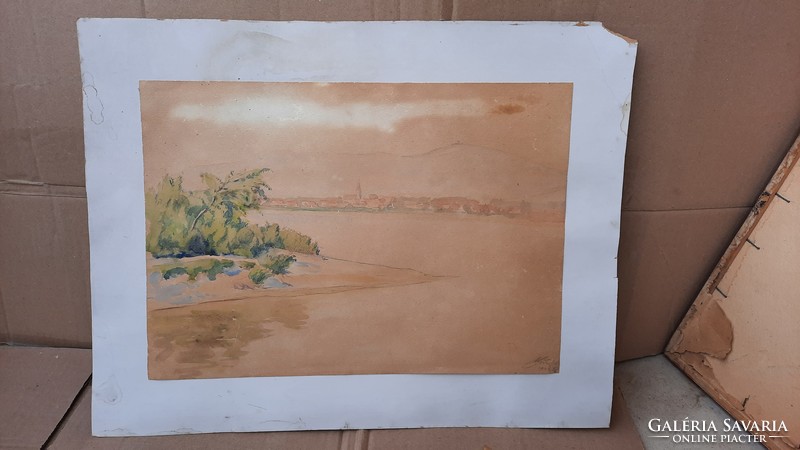 Danube Bend? Watercolor from 1949 with unidentified sign - wet landscape, panorama