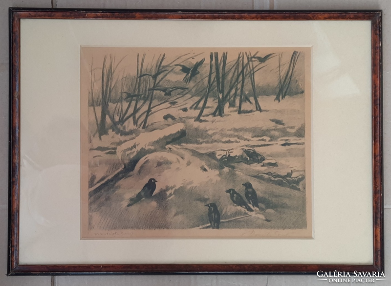 Crows and dead (lithograph, unidentified mark, 36x51 cm) tragedy, war, Galicia?