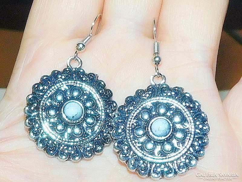 Blue lace agate Tibetan silver amulet earrings