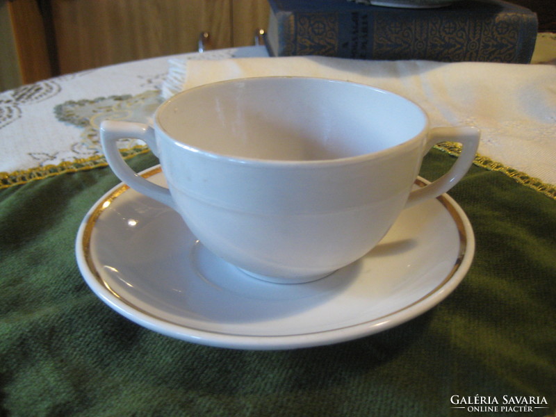 Zsolnay soup cup with small plate, both marked, 10 and 15.2 cm