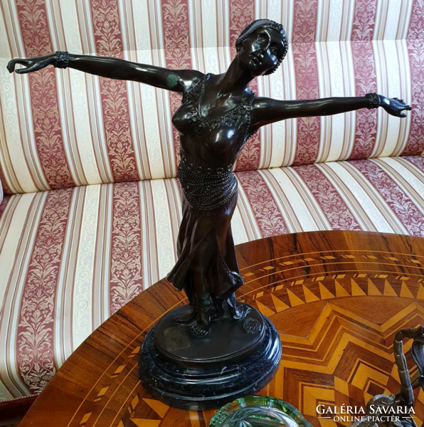 Art-deco dancer with bronze statue on marble pedestal
