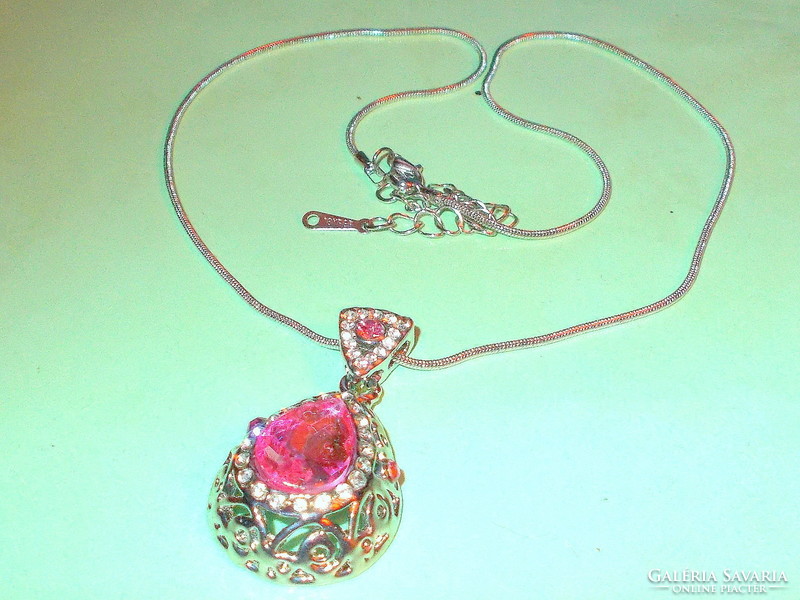 Pink crystal drop white gold gold filled necklace marked 18kgp