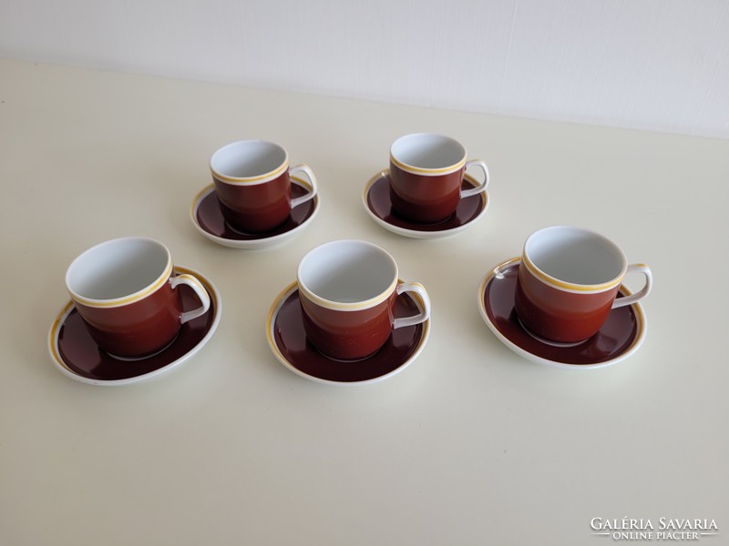Retro Hollóházi porcelán barna sárga régi kávés mokkás csésze pohár 5 db
