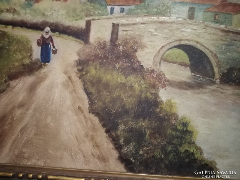 Village life oil painting, signed