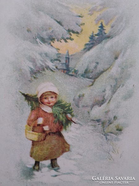 Antik litho/litográfiás karácsonyi képeslap/üdvözlőlap, kislány, fenyőfa, havas táj 1910-20 körüli