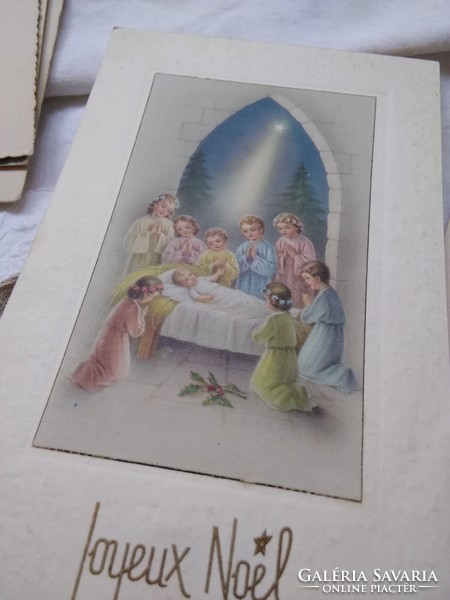 Régi grafikus, francia karácsonyi képeslap/üdvözlőlap, Kisjézus, gyerekek