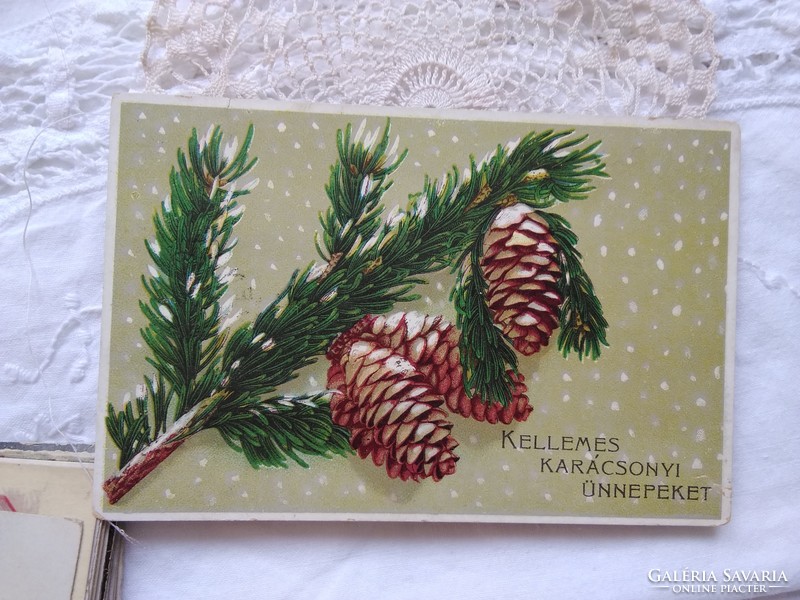 Antique litho / lithographic Christmas postcard / greeting card with pine branch, cone, 1910