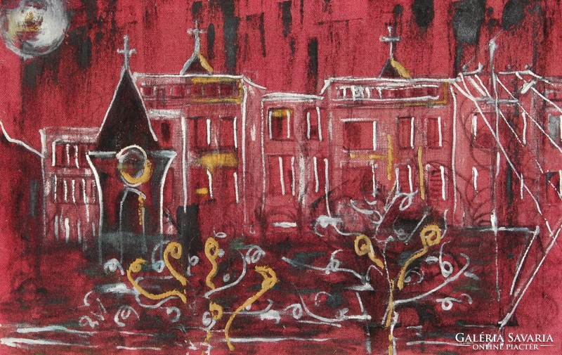 Nagyvárosi utca toronnyal és templomtetőkkel - festmény, keretezve