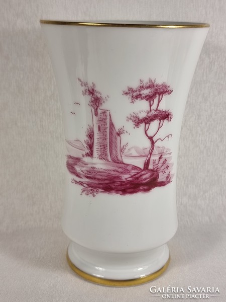 Höchst’s 60s gold rim and pink scene painted bone white vase